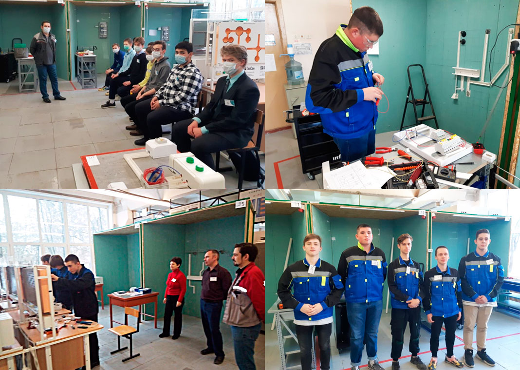 В Наро-Фоминском техникуме (Московская область) мастерская для профессиональных проб, демонстрационных экзаменов и соревнований по компетенции WSR «Электромонтаж» оснащена сборно-разборными кабинками (рабочими местами) участников и учебными стендами (модулями) ГалСен по поиску неисправностей и программированию реле, технологиям скрытого и открытого электромонтажа и др.